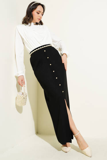 Yırtmaçlı Düğme Detaylı Triko Etek Siyah - Uzun Etek