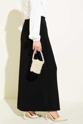 Yırtmaçlı Düğme Detaylı Triko Etek Siyah - Uzun Etek