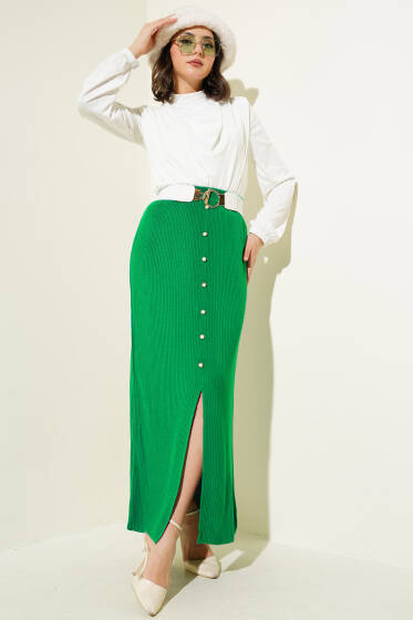 Yırtmaçlı Düğme Detaylı Triko Etek Zümrüt - Uzun Etek