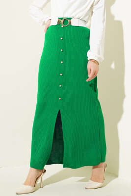 Yırtmaçlı Düğme Detaylı Triko Etek Zümrüt - Uzun Etek