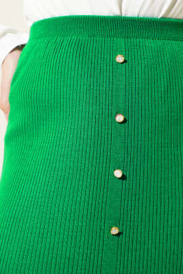 Yırtmaçlı Düğme Detaylı Triko Etek Zümrüt - Uzun Etek