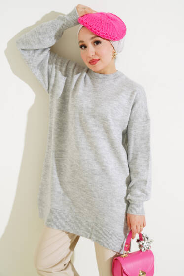 Yırtmaçlı Düz Yumoş Triko Tunik Gri - Tunik