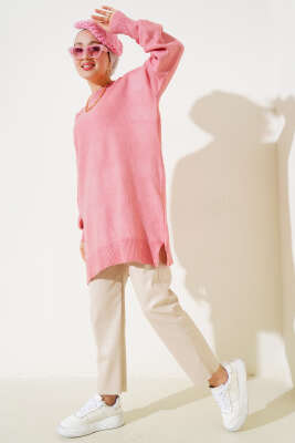 Yırtmaçlı Düz Yumoş Triko Tunik Gül Kurusu - Triko Tunik