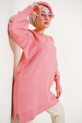 Yırtmaçlı Düz Yumoş Triko Tunik Gül Kurusu - Triko Tunik