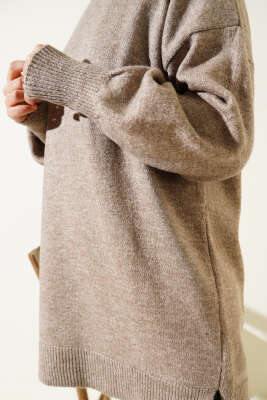 Yırtmaçlı Düz Yumoş Triko Tunik Kahve - Triko Tunik