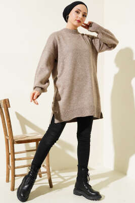 Yırtmaçlı Düz Yumoş Triko Tunik Kahve - Triko Tunik