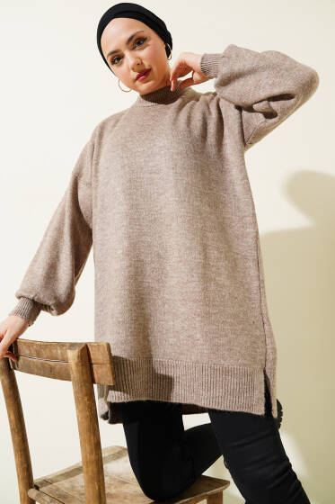 Yırtmaçlı Düz Yumoş Triko Tunik Kahve - Tunik