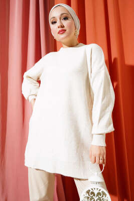 Yırtmaçlı Düz Yumoş Triko Tunik Kemik 