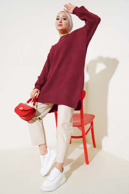 Yırtmaçlı Düz Yumoş Triko Tunik Kırmızı - Triko Tunik