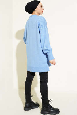 Yırtmaçlı Düz Yumoş Triko Tunik Mavi - Triko Tunik