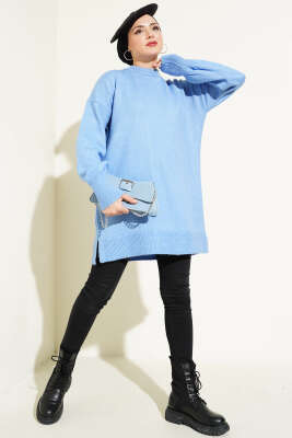 Yırtmaçlı Düz Yumoş Triko Tunik Mavi - Triko Tunik
