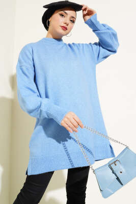 Yırtmaçlı Düz Yumoş Triko Tunik Mavi 