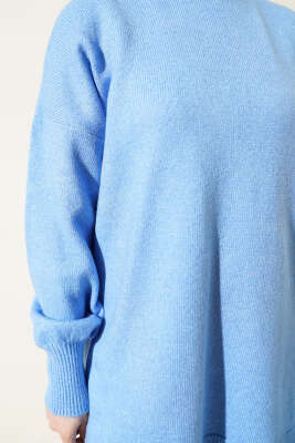 Yırtmaçlı Düz Yumoş Triko Tunik Mavi - Triko Tunik