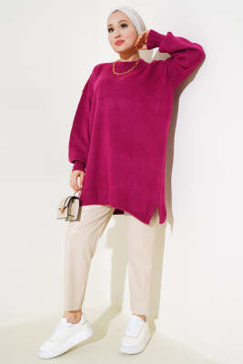 Yırtmaçlı Düz Yumoş Triko Tunik Menekşe - Triko Tunik