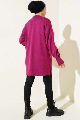 Yırtmaçlı Düz Yumoş Triko Tunik Mürdüm - Triko Tunik