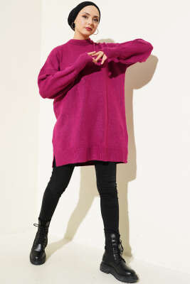 Yırtmaçlı Düz Yumoş Triko Tunik Mürdüm - Triko Tunik