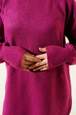 Yırtmaçlı Düz Yumoş Triko Tunik Mürdüm - Triko Tunik