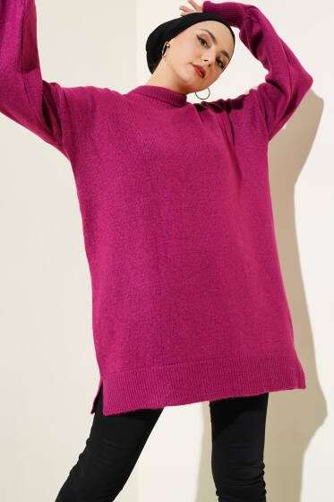 Yırtmaçlı Düz Yumoş Triko Tunik Mürdüm - Tunik