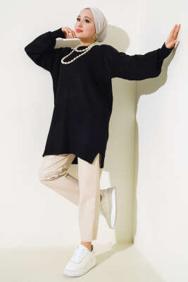 Yırtmaçlı Düz Yumoş Triko Tunik Siyah - Triko Tunik