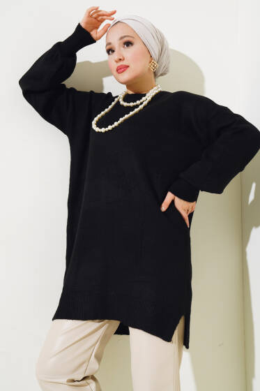 Yırtmaçlı Düz Yumoş Triko Tunik Siyah - Tunik