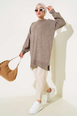 Yırtmaçlı Düz Yumoş Triko Tunik Vizon - Triko Tunik