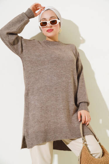 Yırtmaçlı Düz Yumoş Triko Tunik Vizon - Tunik