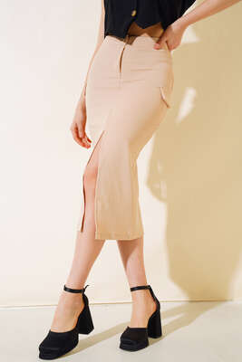 Yırtmaçlı Etek Bej - Kadın Giyim Modelleri