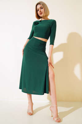 Yırtmaçlı Etekli İkili Takım Zümrüt Yeşili 