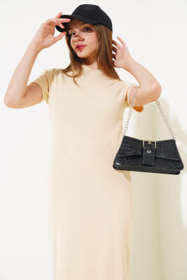 Yırtmaçlı Kaşkorse Elbise Bej - Kadın Giyim Modelleri