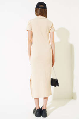 Yırtmaçlı Kaşkorse Elbise Bej - Kadın Giyim Modelleri