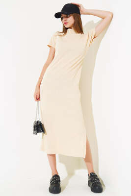 Yırtmaçlı Kaşkorse Elbise Bej - Kadın Giyim Modelleri