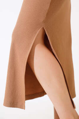 Yırtmaçlı Kaşkorse Elbise Latte - Kadın Giyim Modelleri