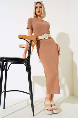 Yırtmaçlı Kaşkorse Elbise Latte - Kadın Giyim Modelleri