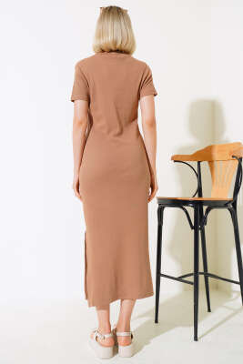 Yırtmaçlı Kaşkorse Elbise Latte - Kadın Giyim Modelleri