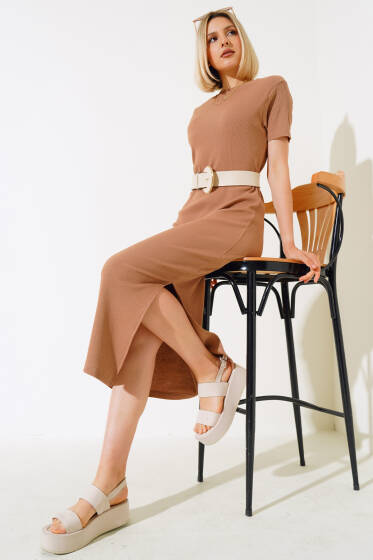 Yırtmaçlı Kaşkorse Elbise Latte - Yeni Giyim