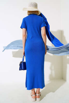 Yırtmaçlı Kaşkorse Elbise Saks - Kadın Giyim Modelleri