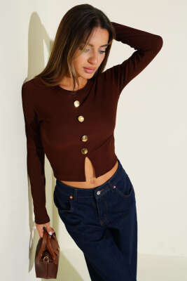 Yırtmaçlı Kaşkorse Uzun Kol Bluz Kahve 