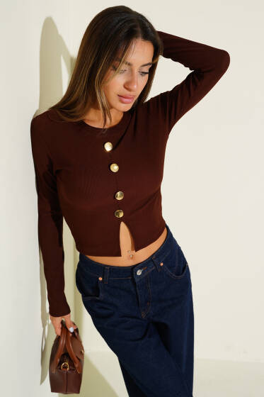 Yırtmaçlı Kaşkorse Uzun Kol Bluz Kahve - Yılın Fırsatı