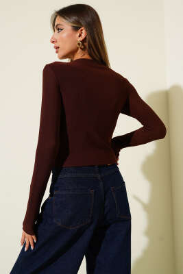 Yırtmaçlı Kaşkorse Uzun Kol Bluz Kahve - Yılın Fırsatı