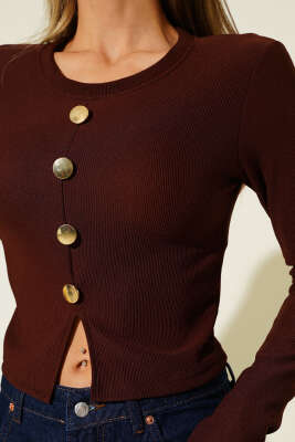 Yırtmaçlı Kaşkorse Uzun Kol Bluz Kahve - Yılın Fırsatı