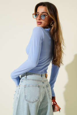 Yırtmaçlı Kaşkorse Uzun Kol Bluz Mavi - Yılın Fırsatı