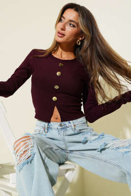 Yırtmaçlı Kaşkorse Uzun Kol Bluz Mürdüm 