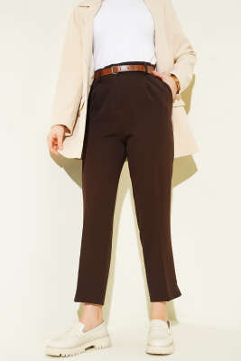 Yırtmaçlı Kemerli Pantolon Kahve - Pantolon