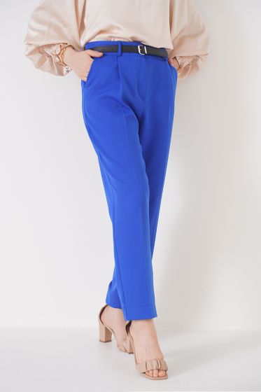 Yırtmaçlı Kemerli Saks Pantolon - Pantolon