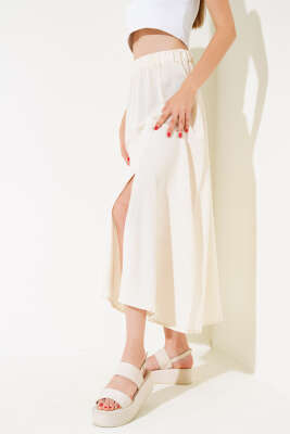 Yırtmaçlı Keten Etek Bej - Kadın Giyim Modelleri