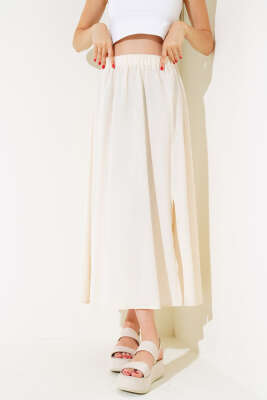 Yırtmaçlı Keten Etek Bej - Kadın Giyim Modelleri