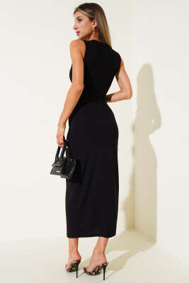 Yırtmaçlı Kolsuz Sandy Elbise Siyah - Yılın Fırsatı