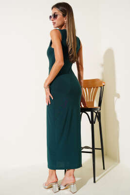 Yırtmaçlı Kolsuz Sandy Elbise Zümrüt Yeşili - Yılın Fırsatı