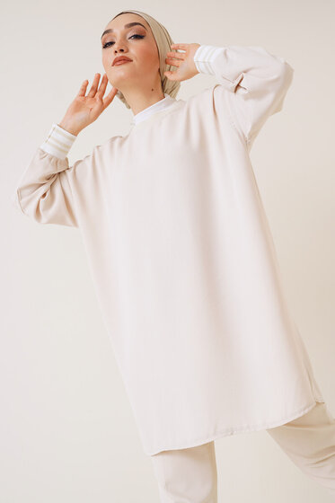 Yırtmaçlı Ribana Detaylı Tunik Bej - Tunik