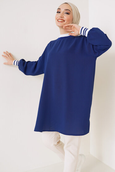 Yırtmaçlı Ribana Detaylı Tunik Lacivert - Tunik